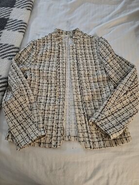 NWOT Woven Plaid Open-Front Women's Jacket - Cream/Brown